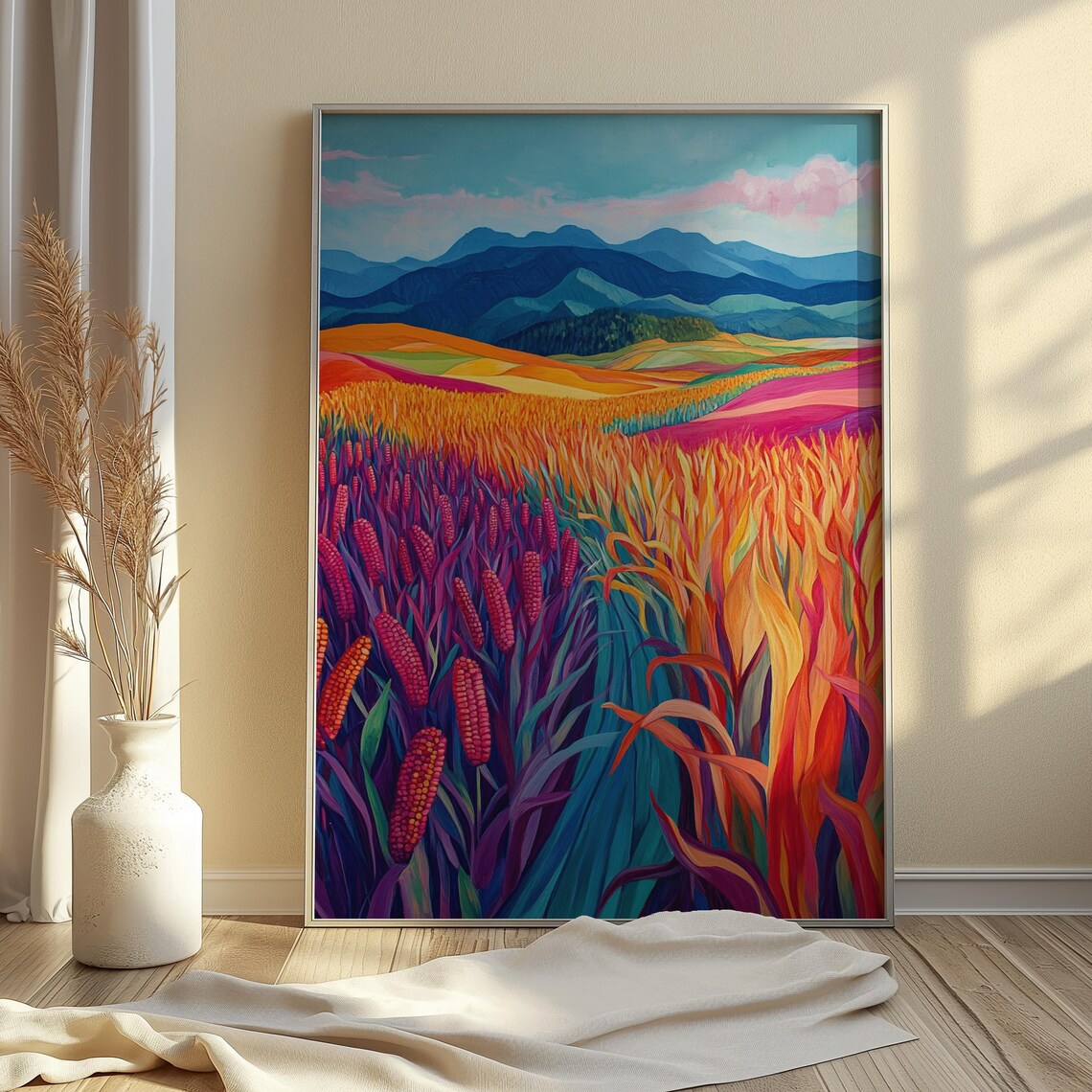 Colorful Corn Maize Field Blue Mountains Harvest Folk Landscape Wall Art Poster - Image 4