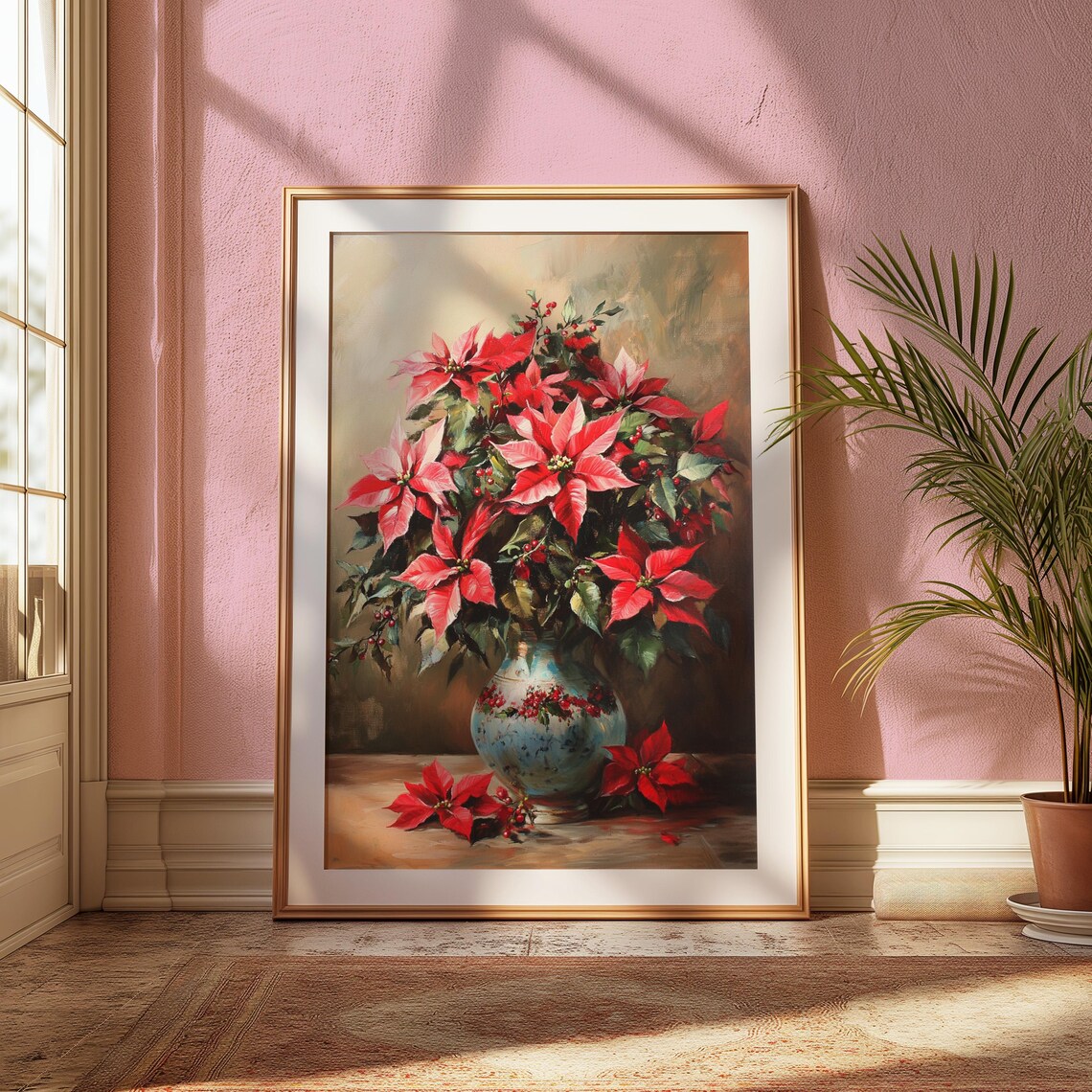 Pink Red Poinsettia Berries Blue Vase Christmas Still Life Poster - Image 2