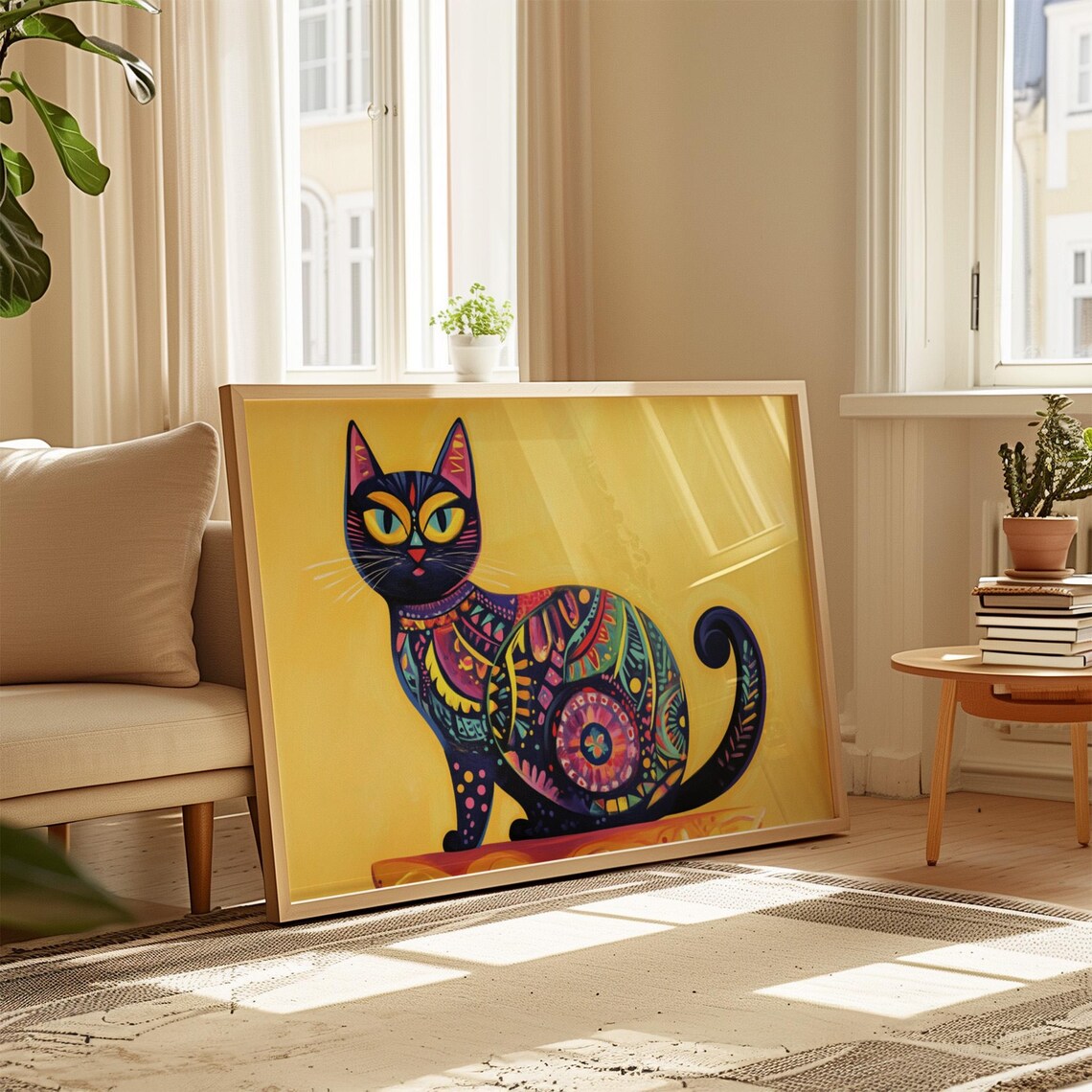 Sitting Black Cat with Colorful Floral Patterns on Bright Yellow Poster - Image 4