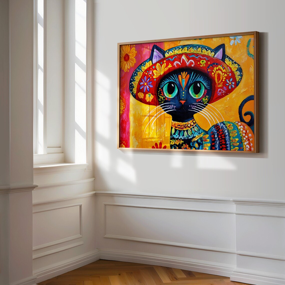 Black Cat in Floral Sombrero Mexican Fiesta Folk Art Vivid Cat Poster - Image 3
