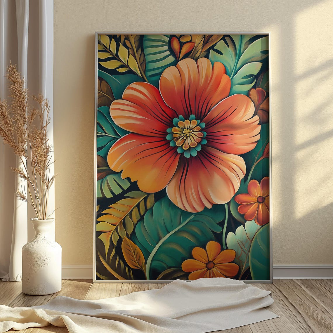 Coral Orange Hibiscus Bloom Teal Tropical Leaves Floral Poster - Image 4