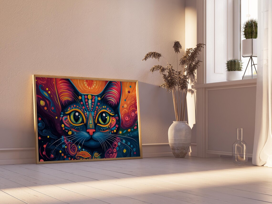 Psychedelic Black Cat Face Neon Mandala Green Eyes Trippy Cat Art Poster - Image 2