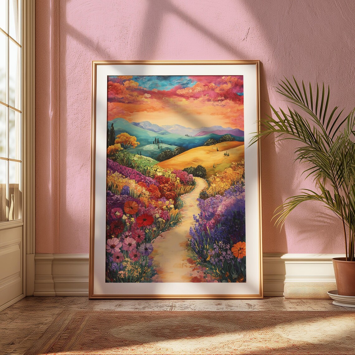 Flower Lined Path Sunset Hills Poppies Lavender Romantic Landscape Poster - Image 2