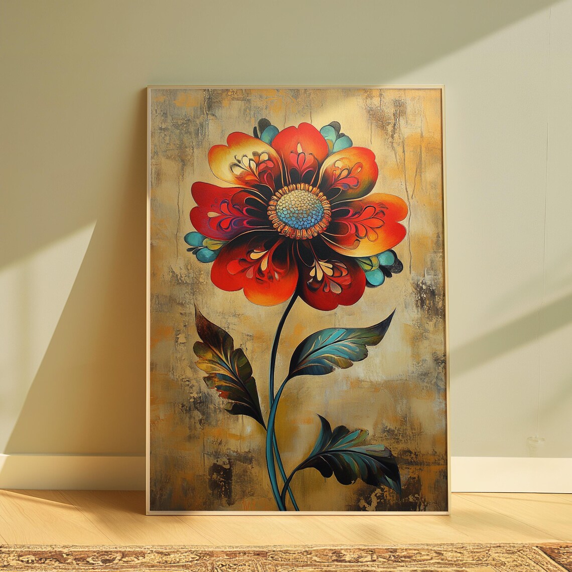 Ornamental Red Orange Flower Teal Leaves Warm Tan Floral Poster