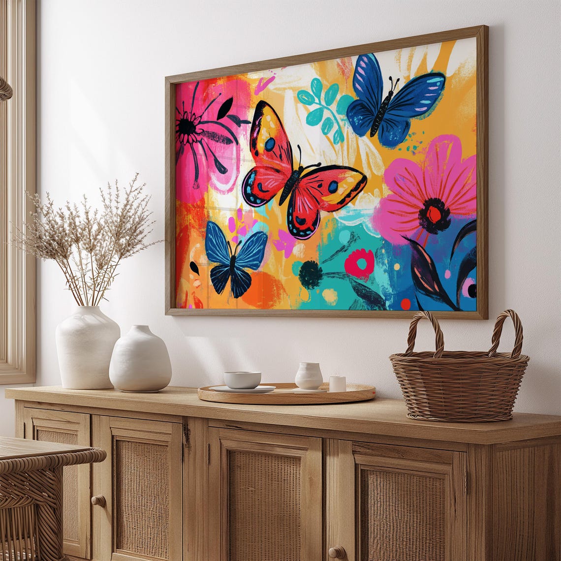Three Red Blue Butterflies Among Pink Blossoms Bright Poster