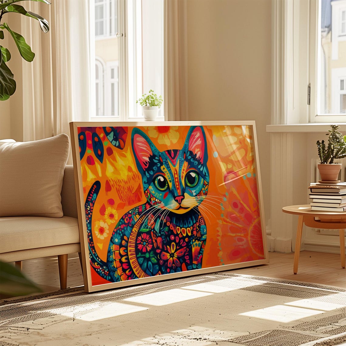 Blue Cat Sitting Mandala Floral Patterns Green Eyes Orange Art Poster - Image 4