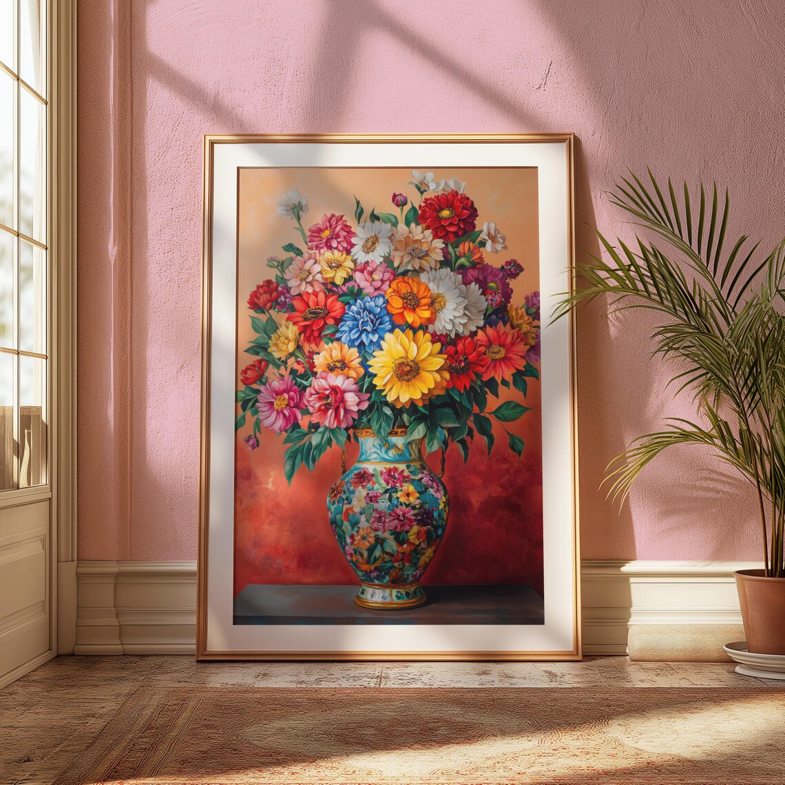 Bright Zinnia Bouquet Rainbow Blooms Painted Floral Vase Coral Poster - Image 2