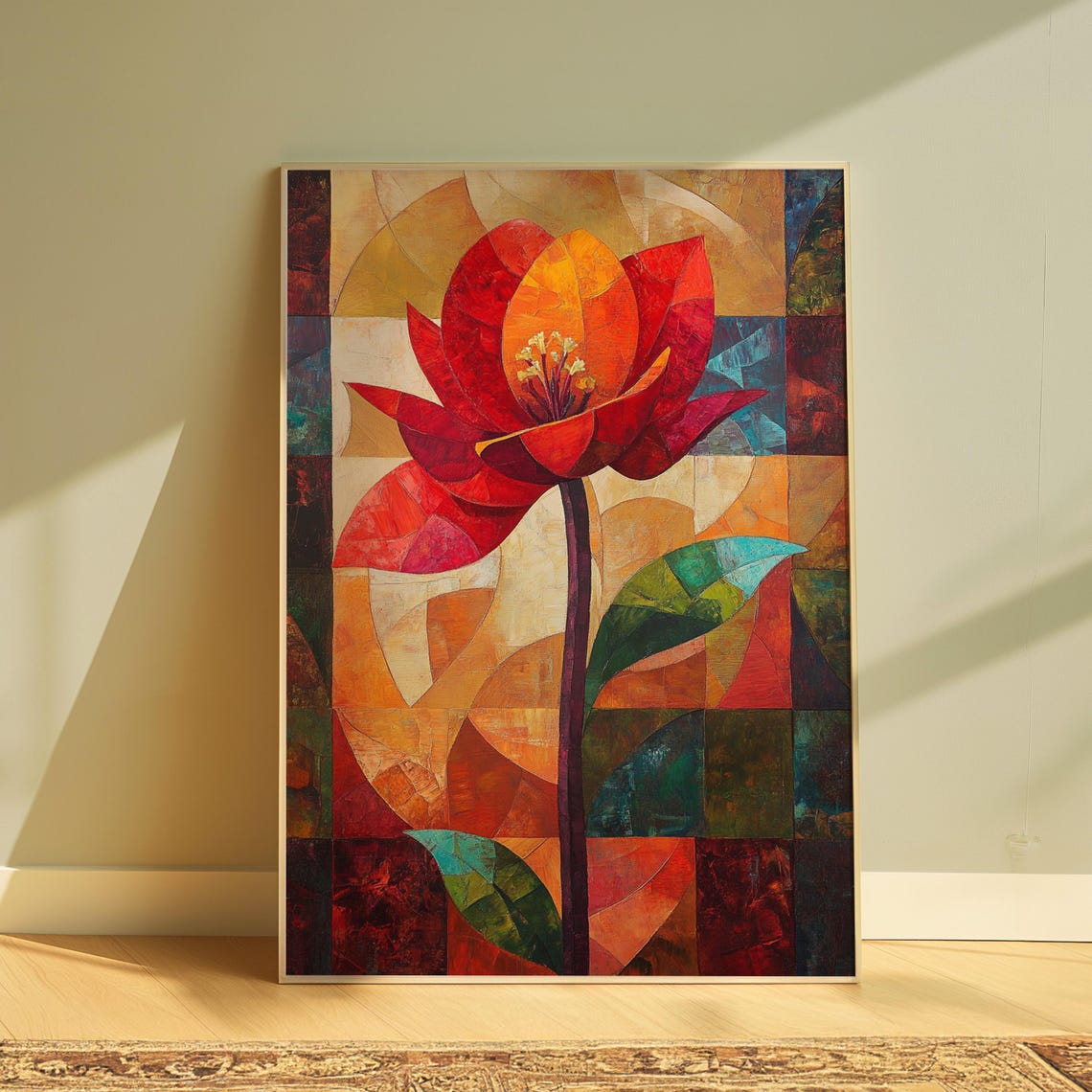 Red Lotus Mosaic Petals Amber Teal Patchwork Floral Art Poster