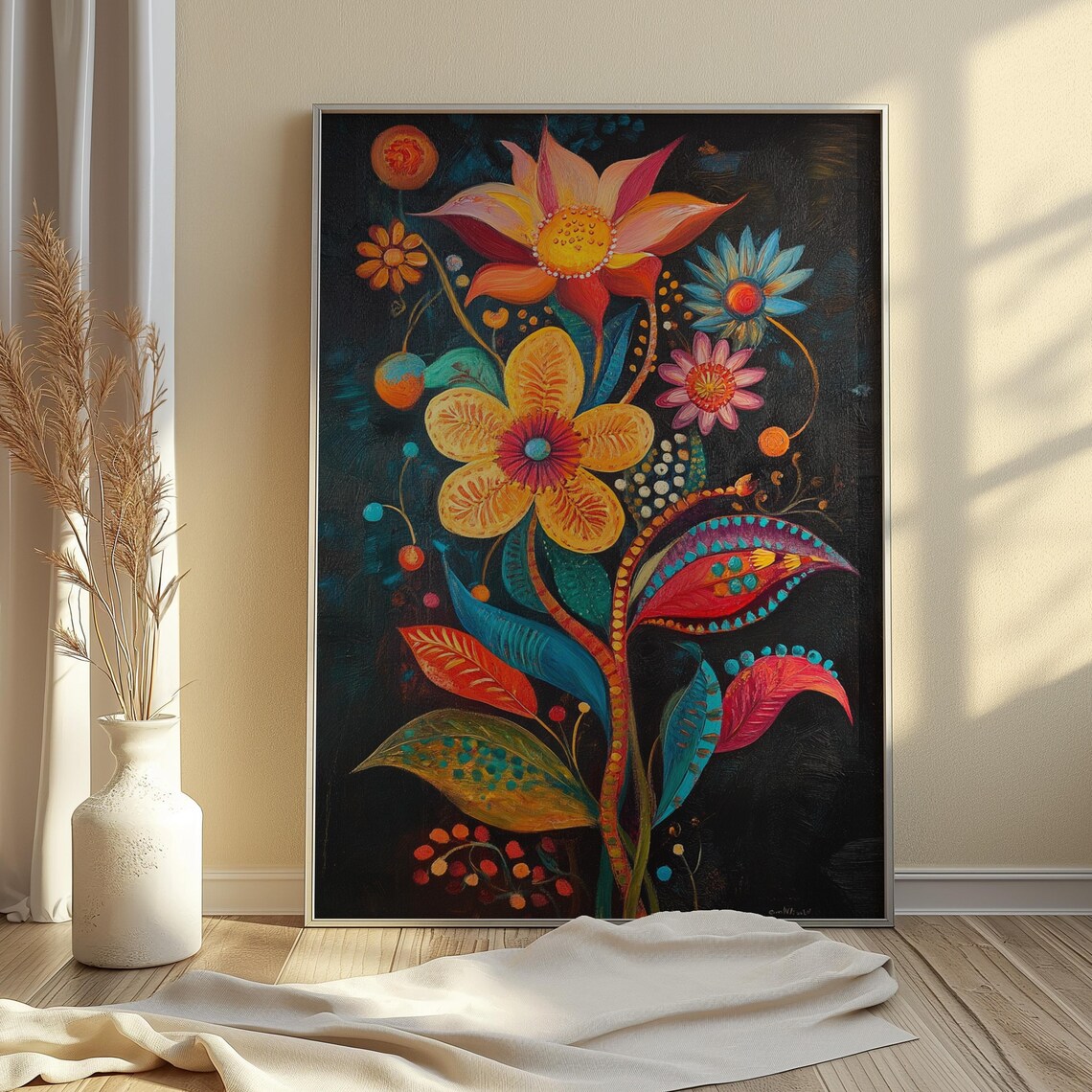 Whimsical Orange Pink Flowers Black Background Folk Floral Poster - Image 4