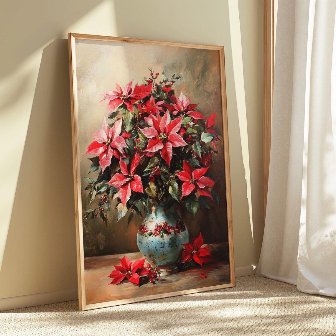 Pink Red Poinsettia Berries Blue Vase Christmas Still Life Poster - Image 5
