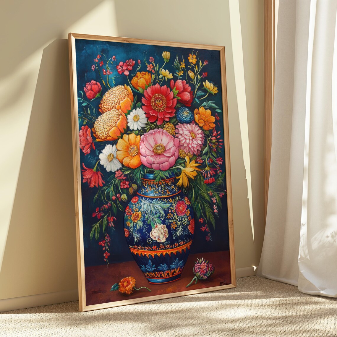 Lush Zinnia Dahlia Bouquet Ornate Blue Mexican Vase Teal Floral Poster - Image 5