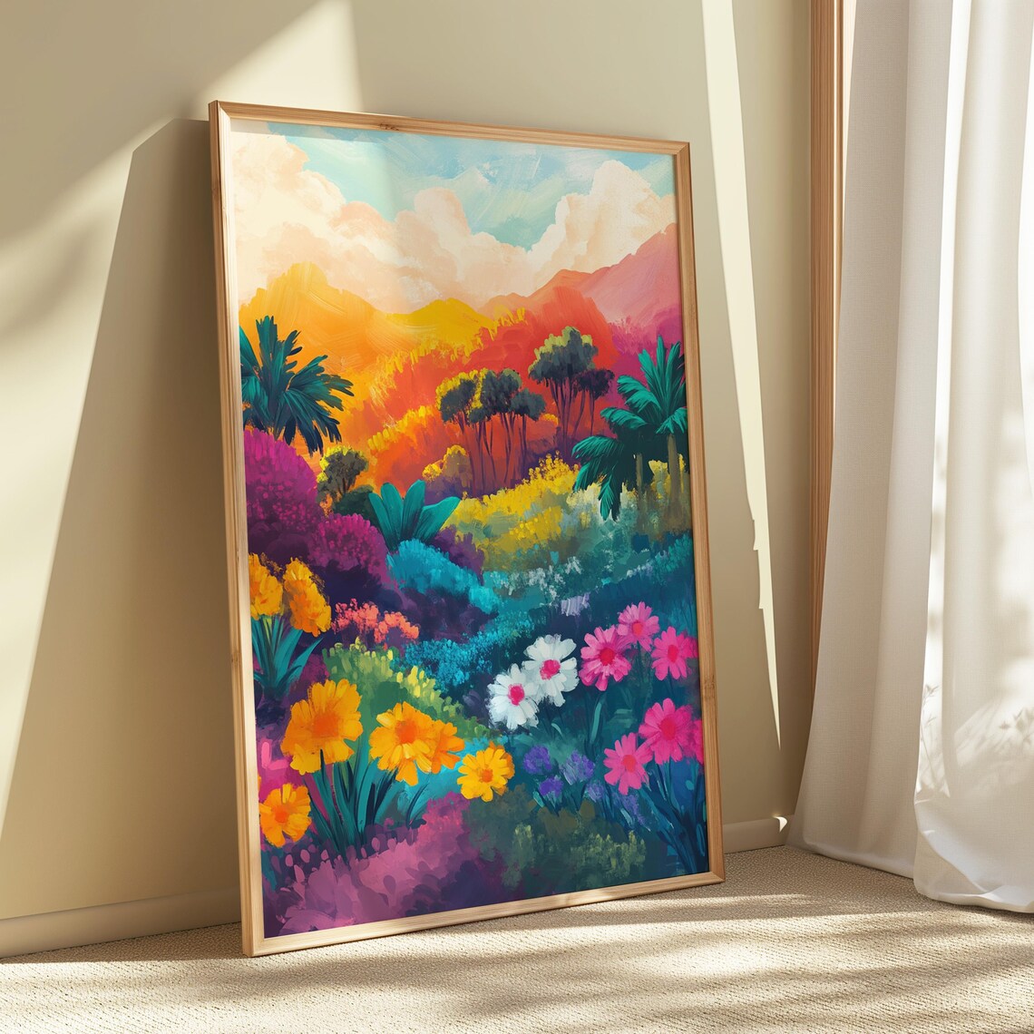 Tropical Garden Daisies Palm Trees Sunset Hills Lush Paradise Wall Art Poster - Image 5