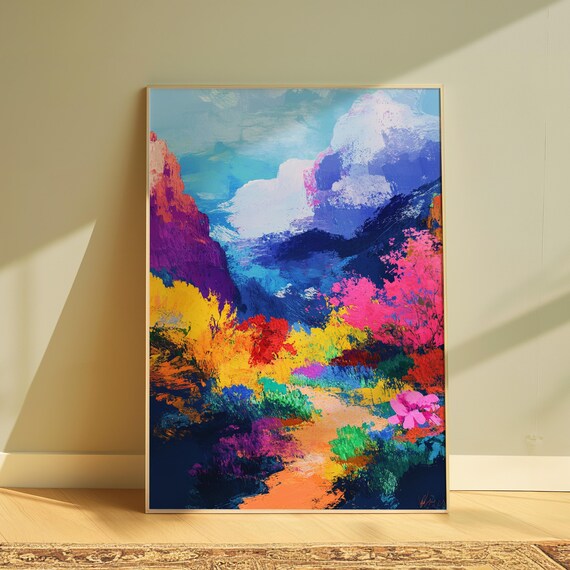 Dramatic Colorful Canyon Purple Cliffs Pink Bushes Cloudy Turquoise Sky Poster