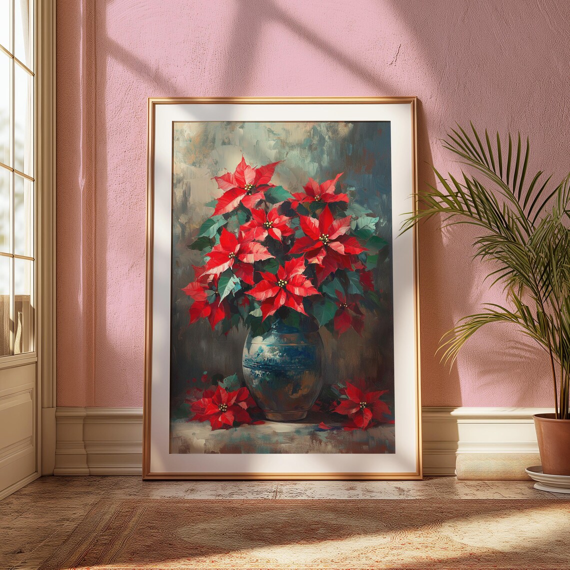 Red Poinsettia Blue Ceramic Vase Painterly Christmas Wall Art Print - Image 2