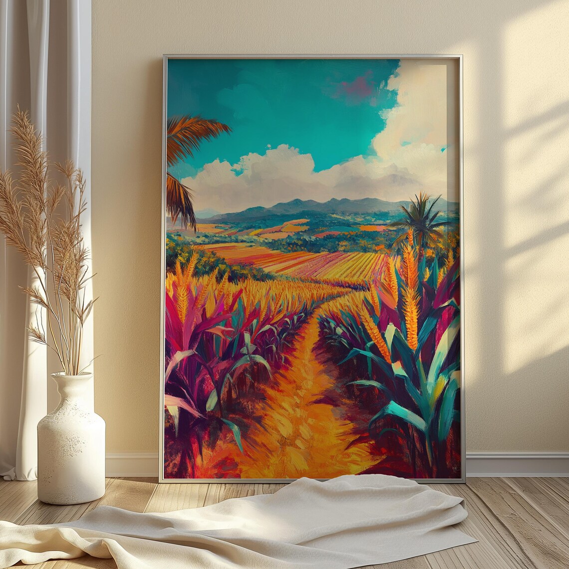 Tropical Valley Cornfield Palms Mountains Colorful Landscape Art Poster - Image 4