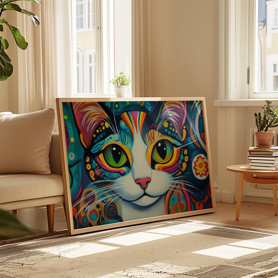 White Cat Huge Green Eyes Rainbow Psychedelic Pattern Face Art Poster - Image 4
