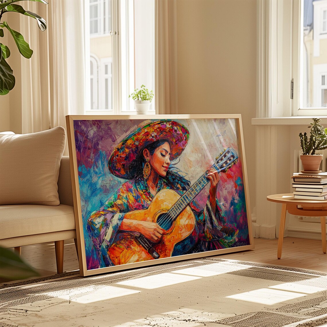 Mexican Guitar Player Painting Sombrero Woman Music Palette Knife Wall Art - Image 4
