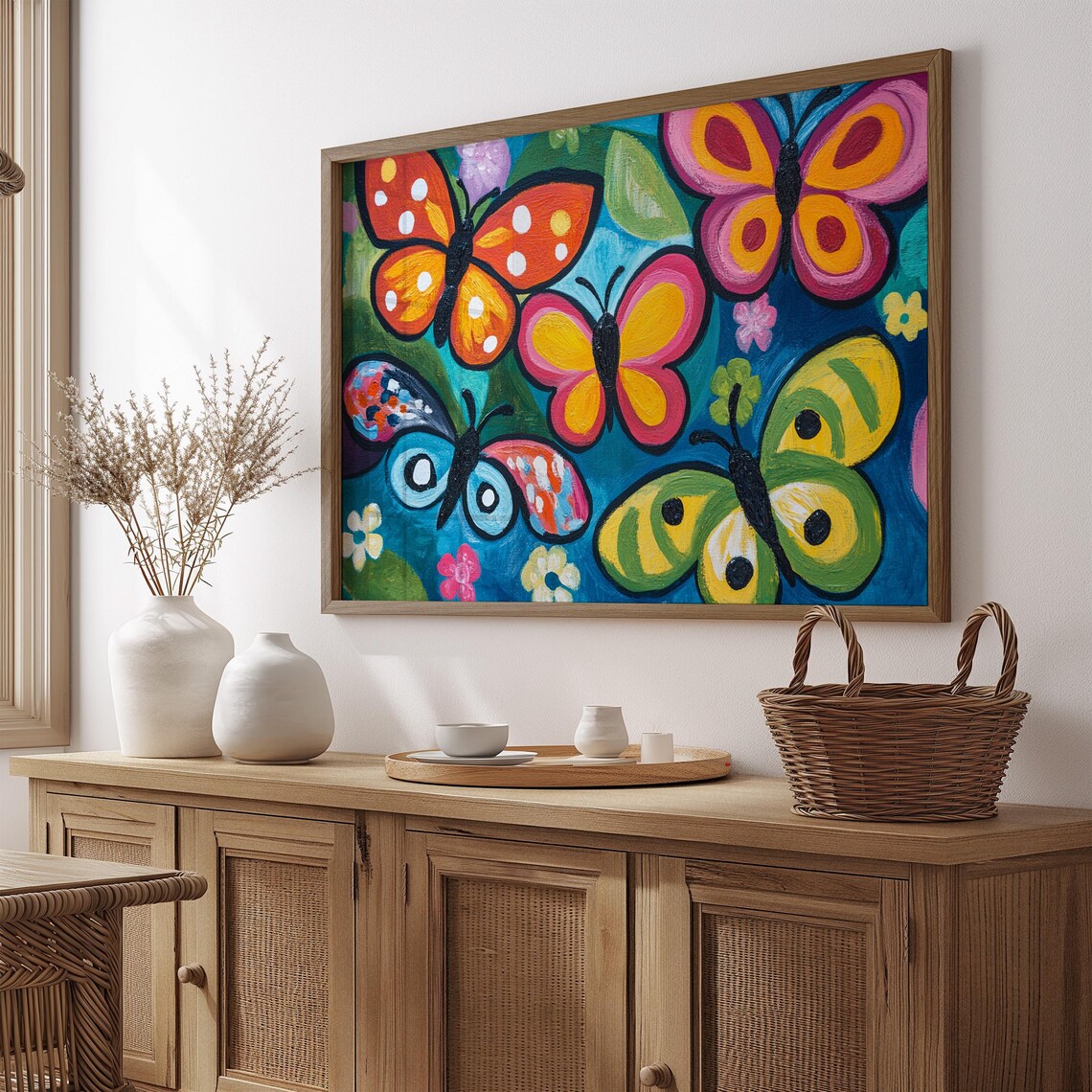 Playful Kids Room Butterflies Print Bright Blue Cartoon Wings Wall Art