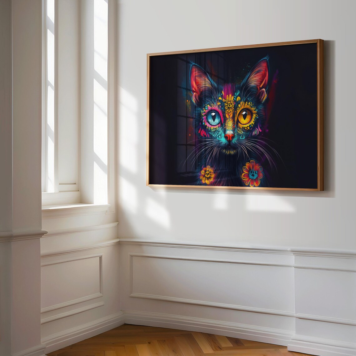 Black Cat Sugar Skull Marigold Flowers Heterochromia Eyes Dark Art Poster - Image 3