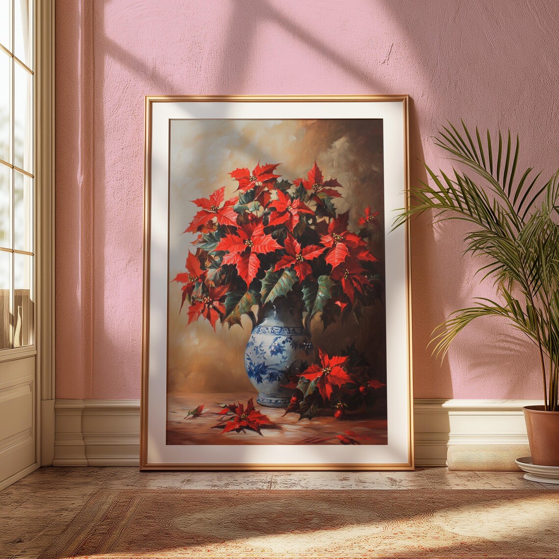 Red Poinsettia Blue Porcelain Vase Classic Christmas Still Life Poster - Image 2