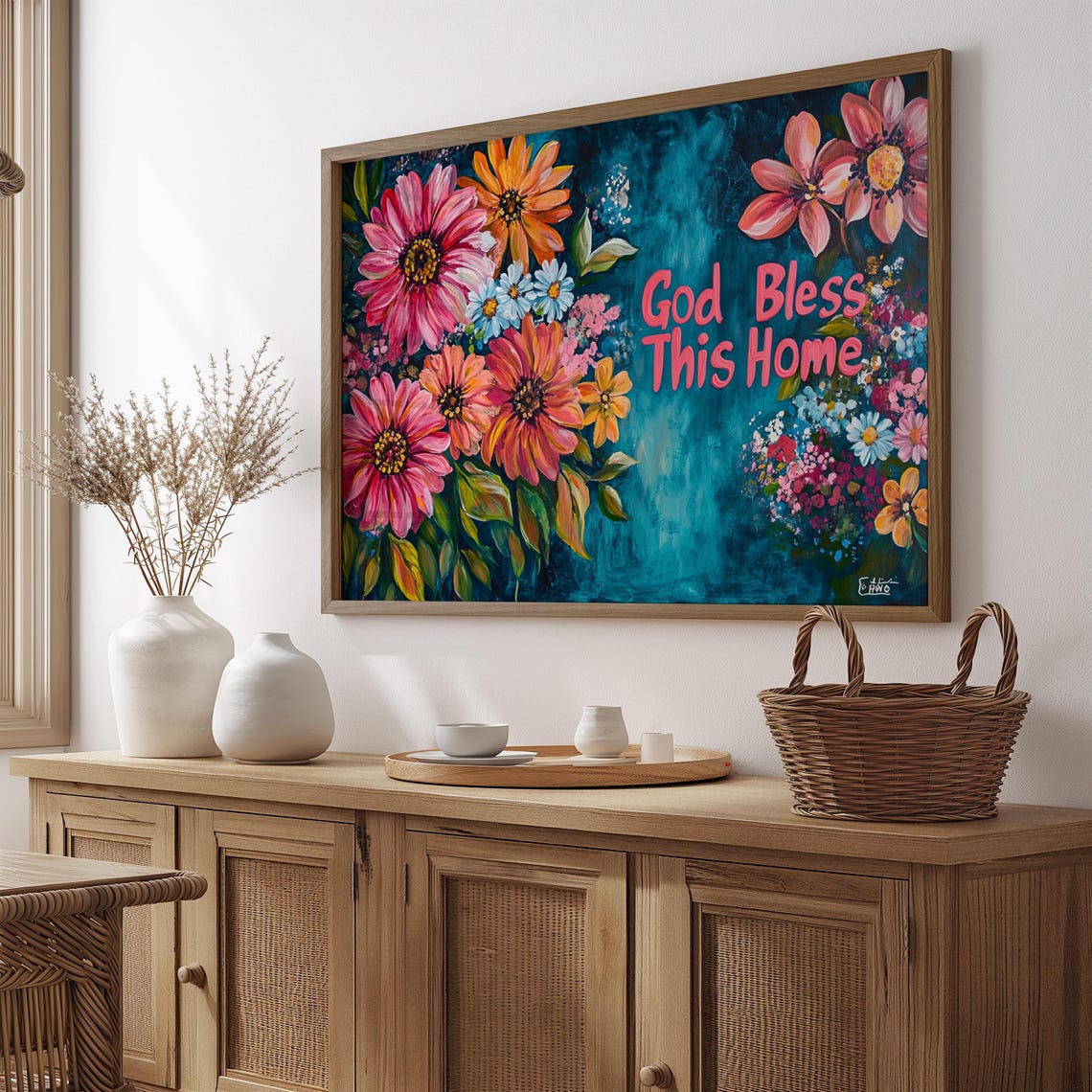 God Bless This Home Pink Daisy Teal Bold Script Floral Poster