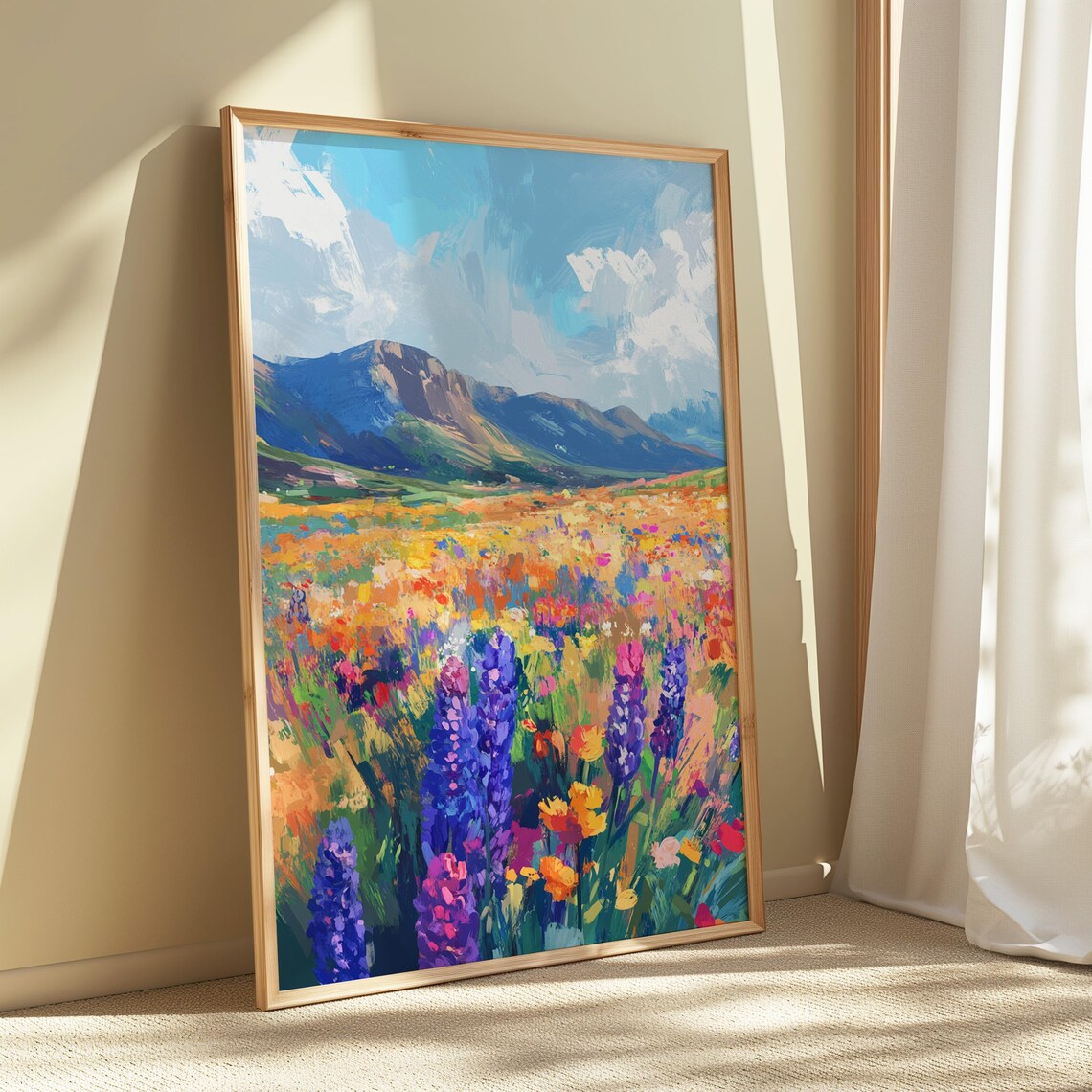 Impressionist Wildflower Meadow Lupines Blue Mountains Cloudy Sky Landscape Poster - Image 5