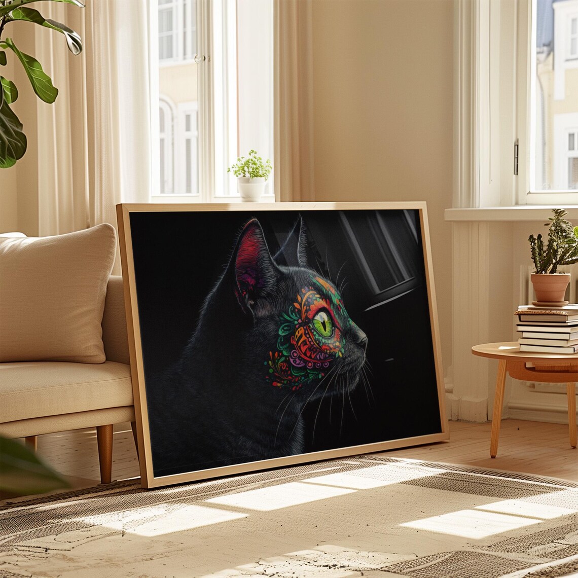 Black Cat Profile Green Eye Alebrije Patterns Mexican Folk Art Wall Poster - Image 4