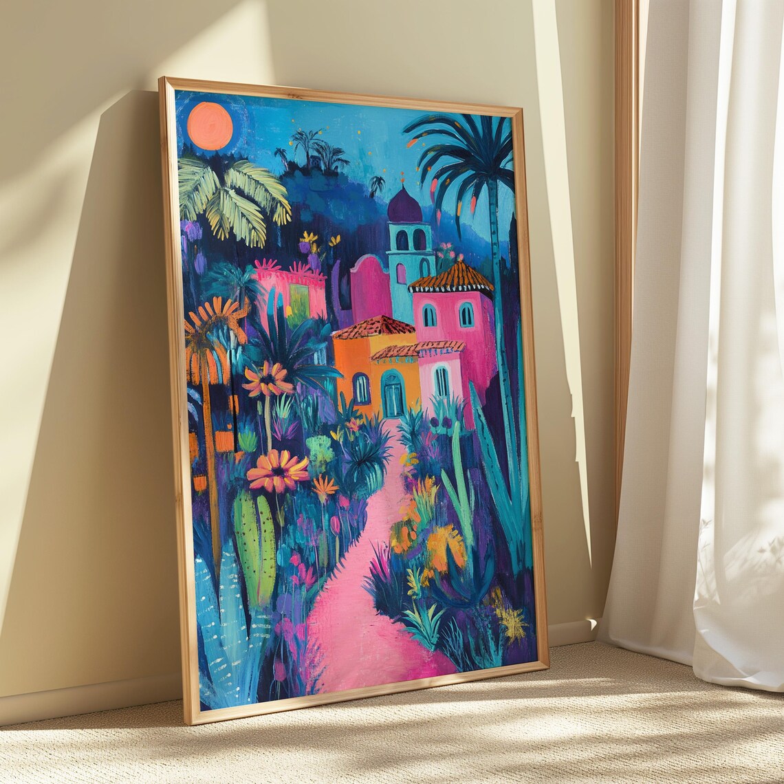 Colorful Mexican Village Night Pink Houses Bell Tower Art Print - Image 5