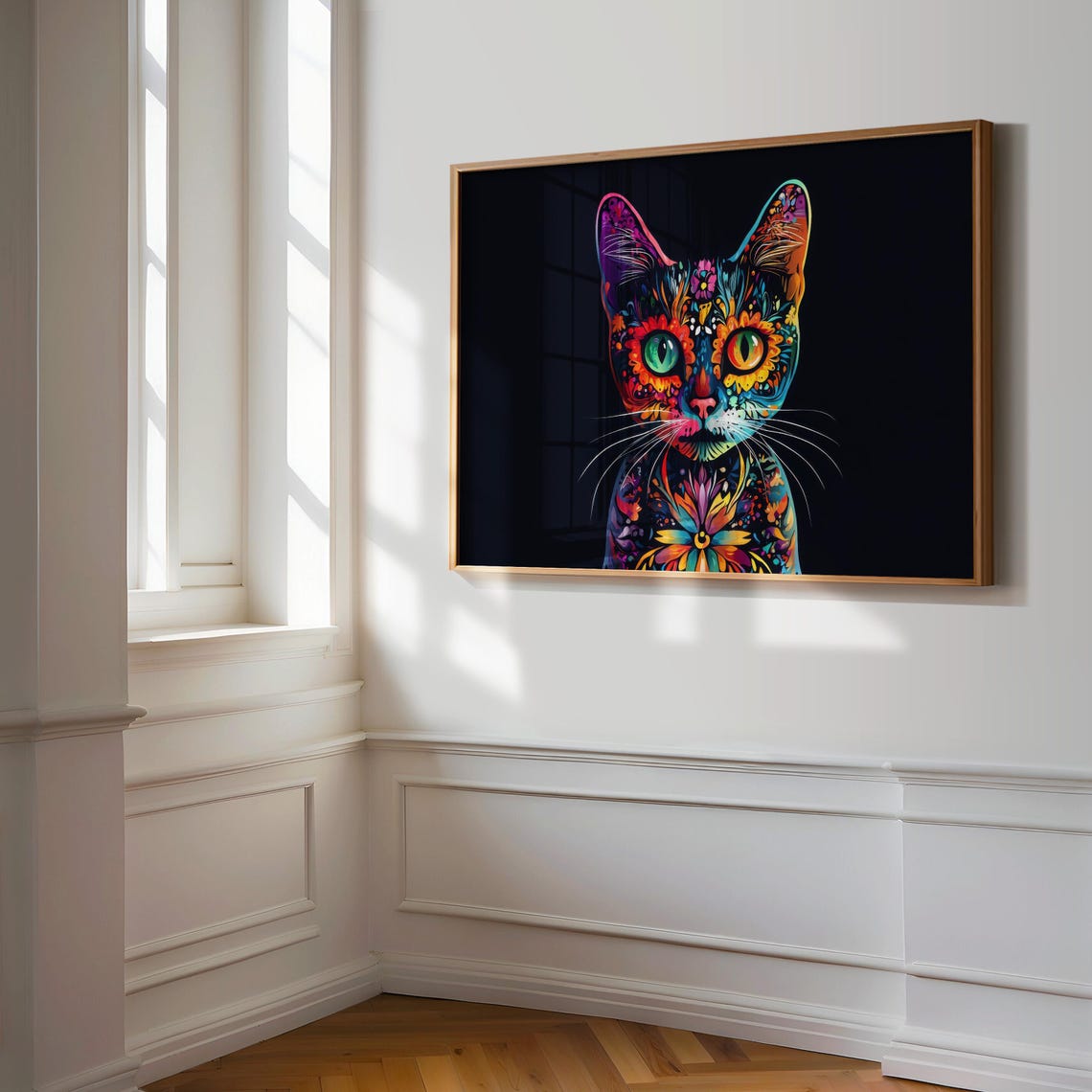 Rainbow Psychedelic Black Cat Bust Colorful Floral Whimsical Wall Art - Image 3