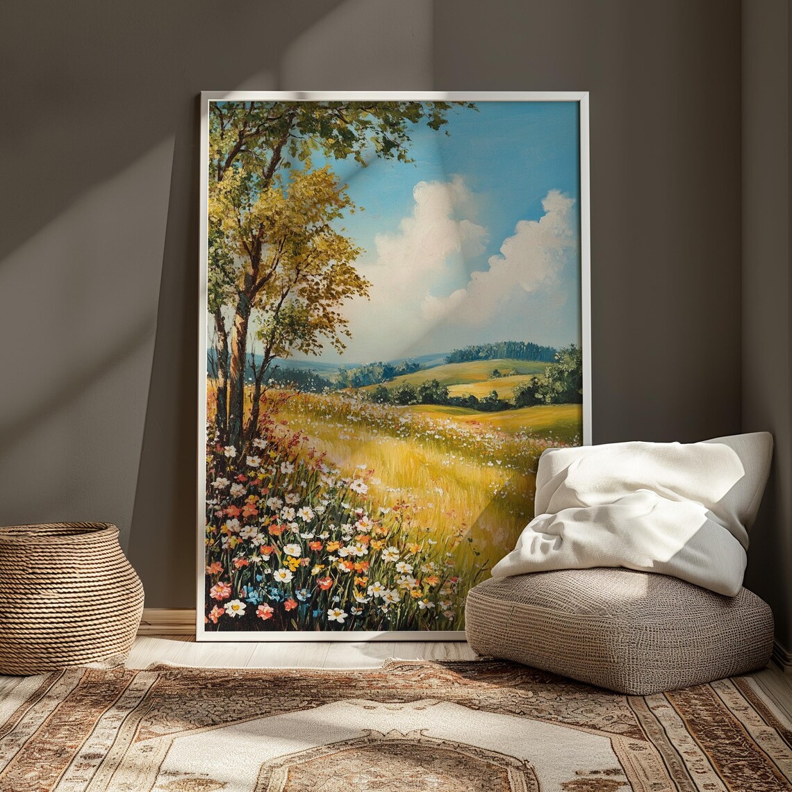 Summer Meadow Wildflower Field Golden Hills Blue Sky Cloud Landscape Poster - Image 3