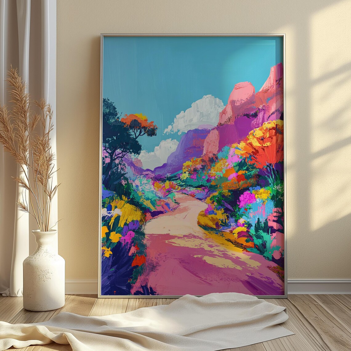 Colorful Canyon Path Pink Cliffs Bright Blooms Turquoise Sky Scenic Landscape Poster - Image 3