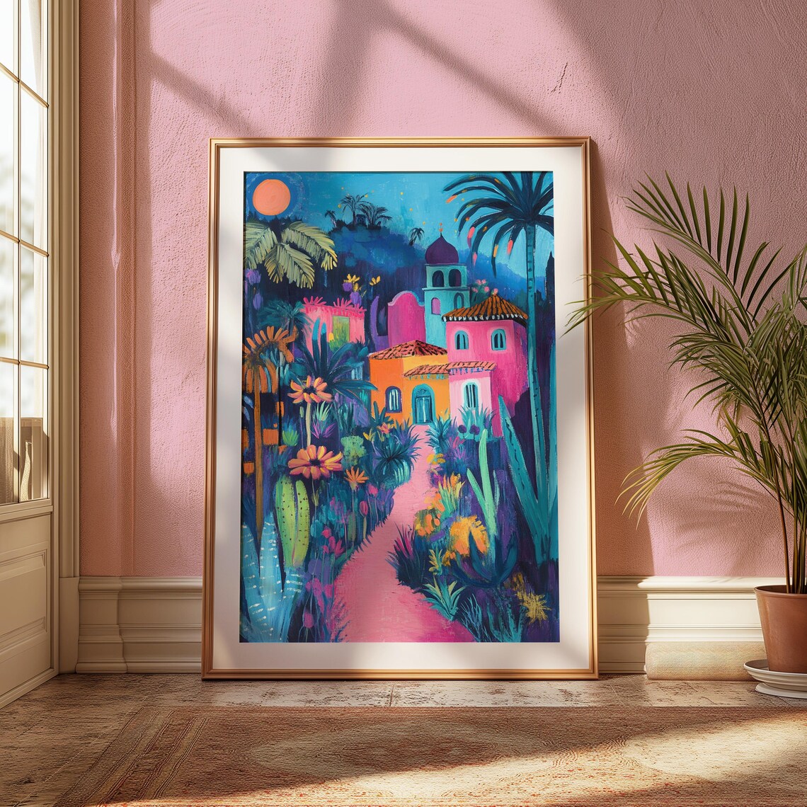 Colorful Mexican Village Night Pink Houses Bell Tower Art Print - Image 2