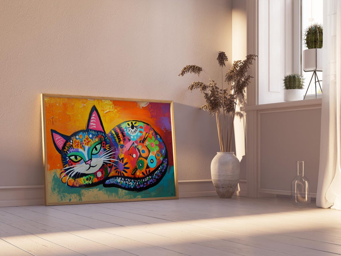 Curled Up Sleeping Cat Rainbow Patterned Fur Cozy Warm Poster - Image 2