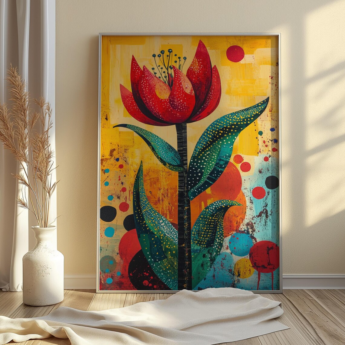 Red Tulip Spotted Petals Sunny Dots Folk Background Floral Art Poster - Image 4