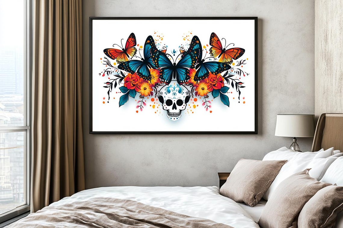 Sugar Skull With Monarch Butterflies Marigold Flowers Poster - Image 2