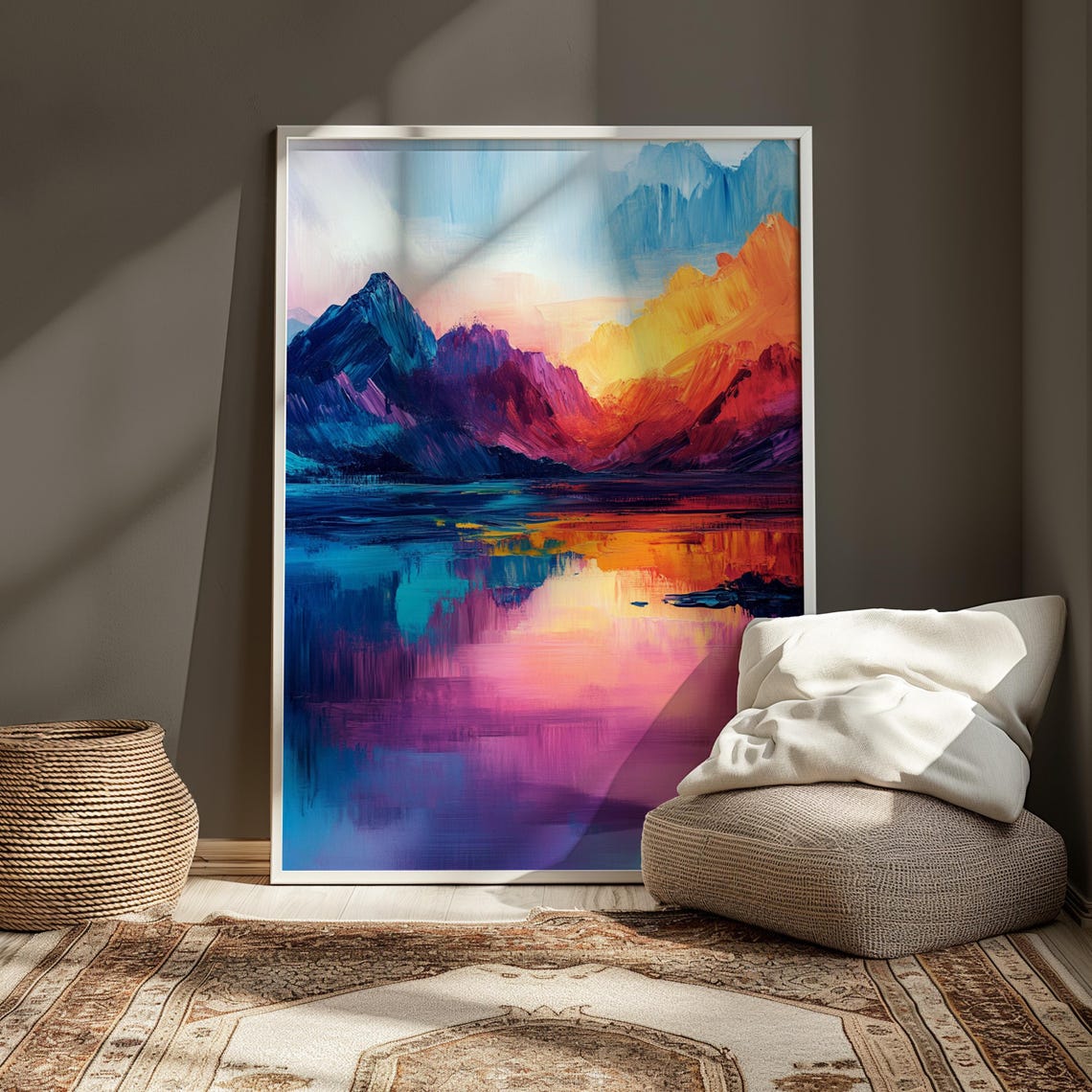 Abstract Mountain Lake Sunset Reflection Bold Color Art Print - Image 3