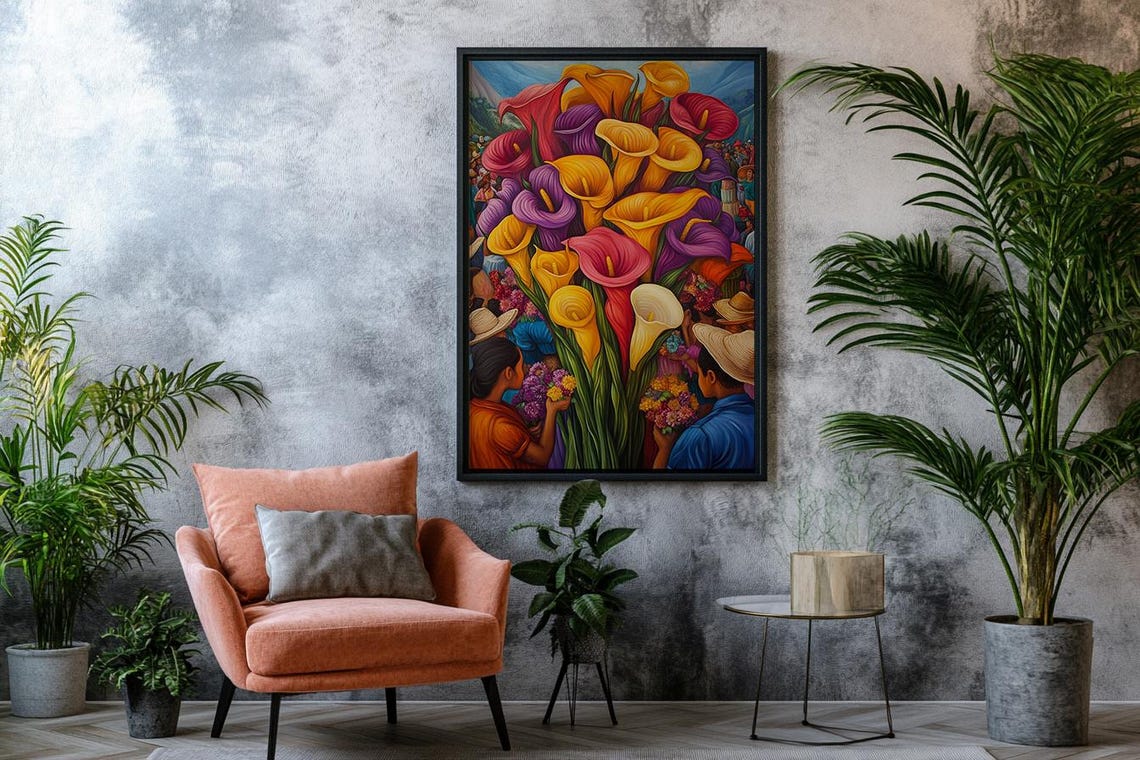 Colorful Calla Lily Flower Market Scene Latin Folk Art Poster - Image 2