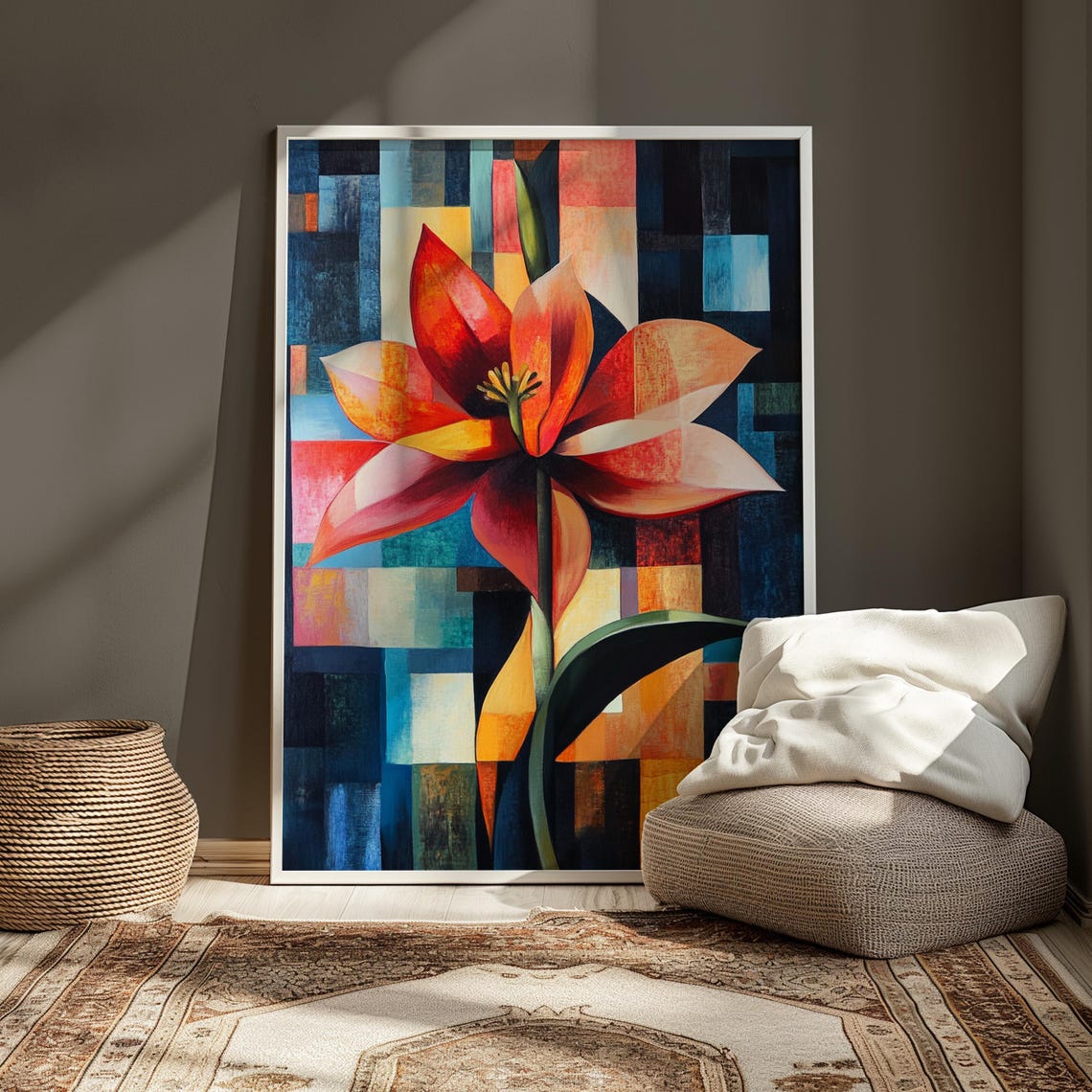 Red Lotus Bloom Blue Block Mosaic Background Modern Floral Poster - Image 3