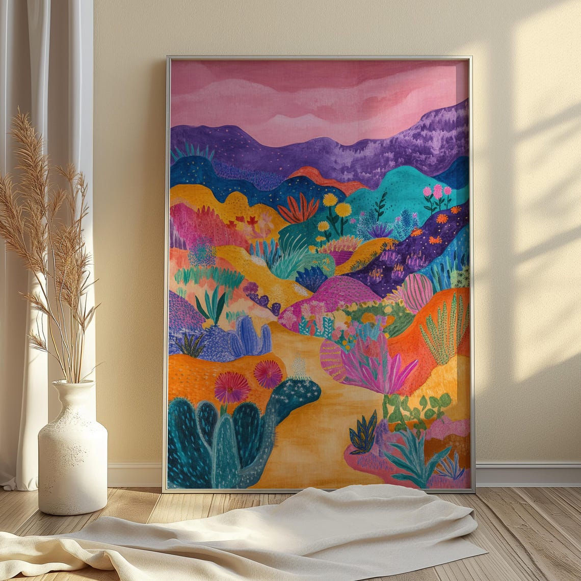 Whimsical Desert Cactus Garden Pink Mountains Colorful Art Print - Image 4