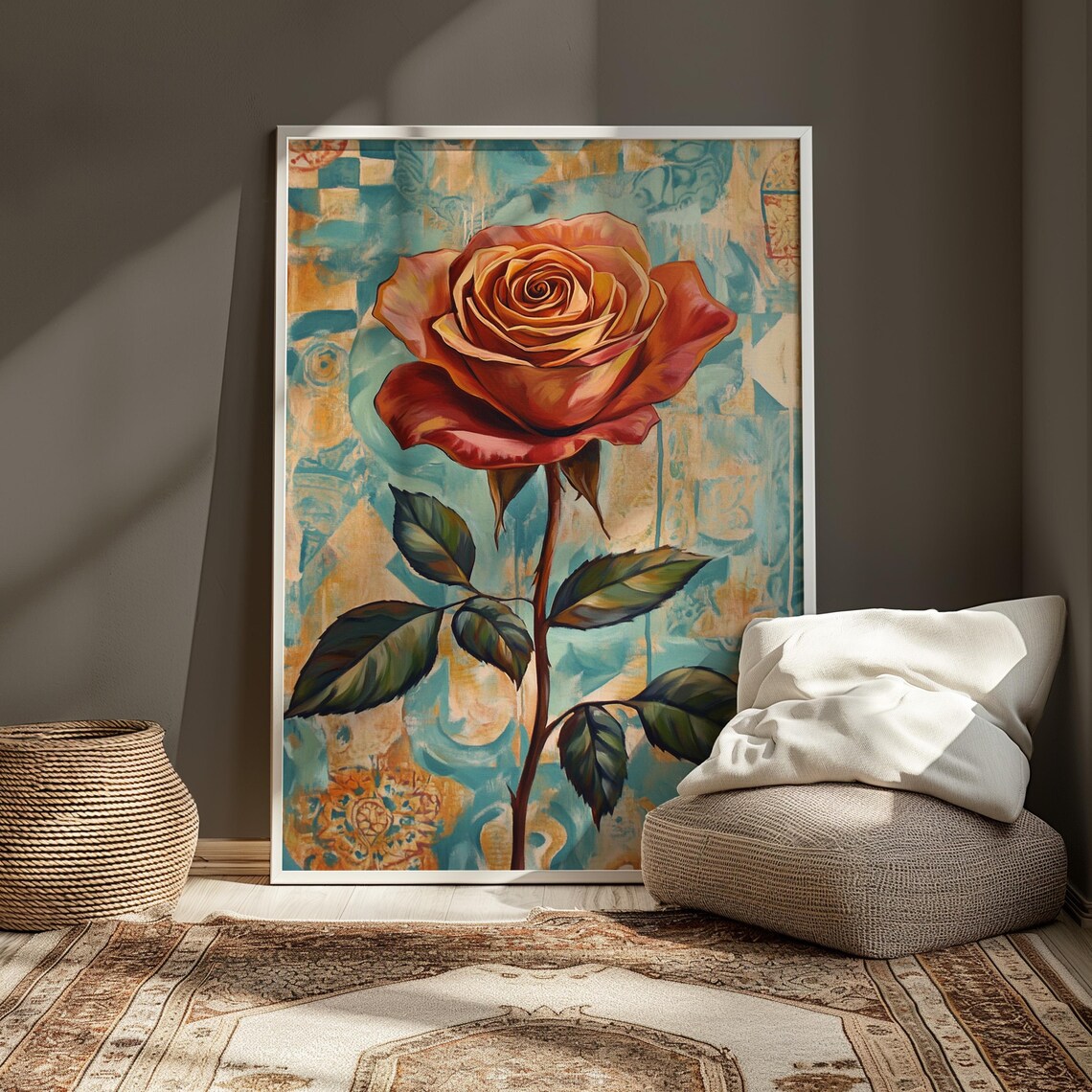 Peach Rose Patina Teal Background Painterly Floral Art Poster - Image 3