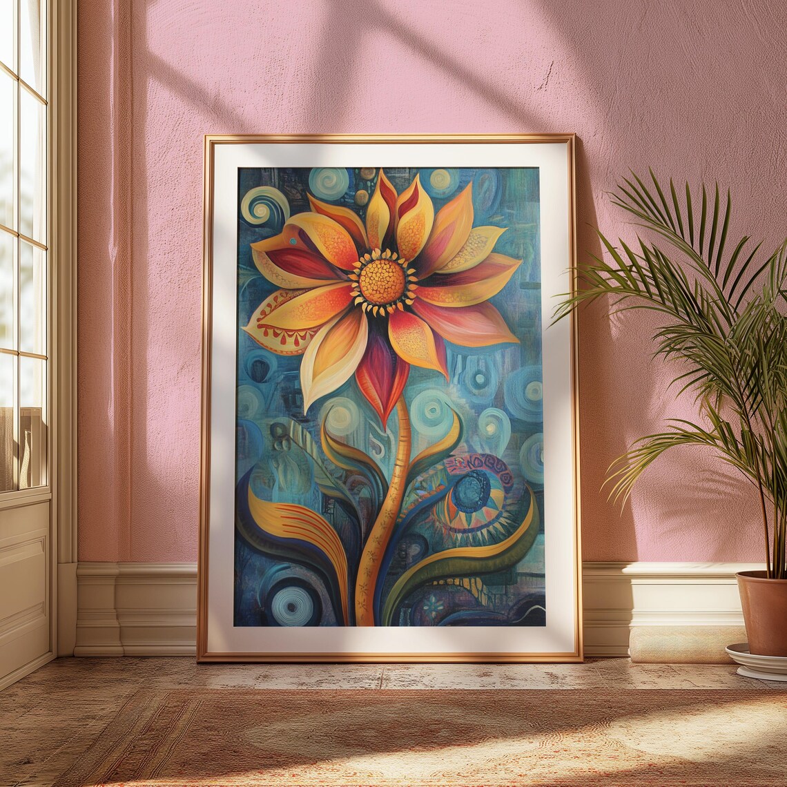 Golden Sunflower Bloom Swirling Teal Folk Background Floral Art Poster - Image 2