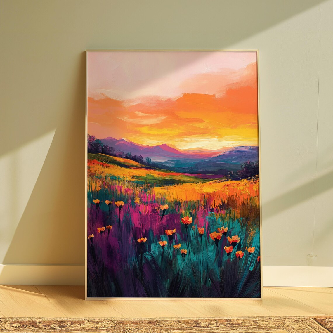 Wildflower Field Vivid Orange Sunset Purple Grasses Art Print