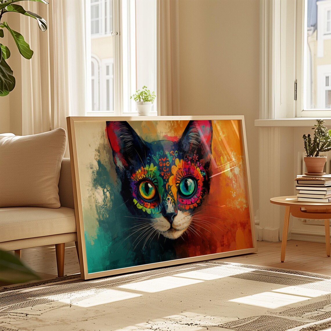 Mexican Folk Art Cat Portrait Mismatched Eyes Teal Orange Canvas Poster - Image 4
