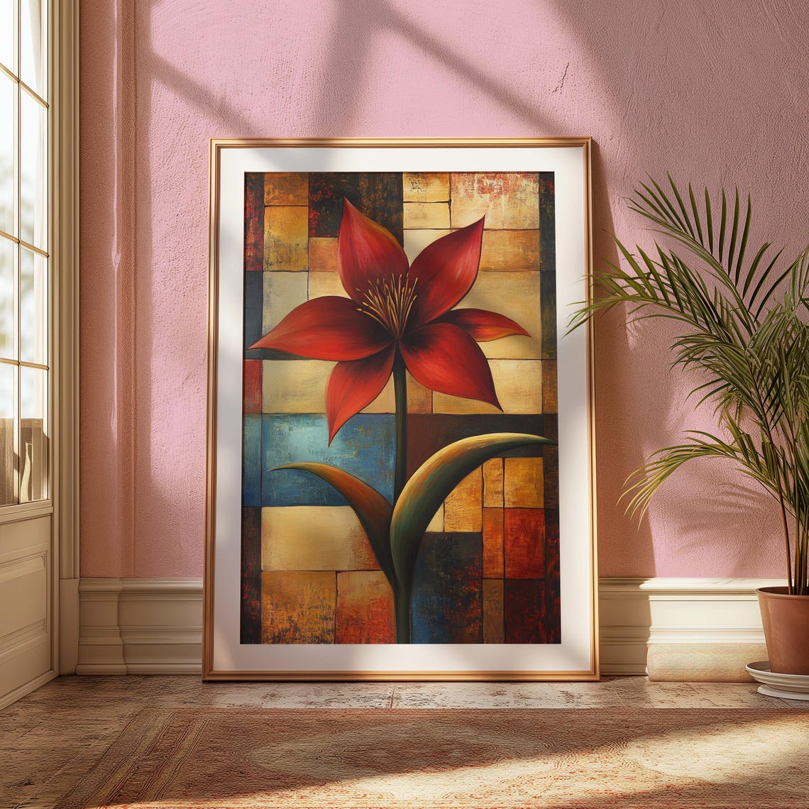Crimson Lily Bloom Patchwork Tile Background Bold Floral Art Poster - Image 2