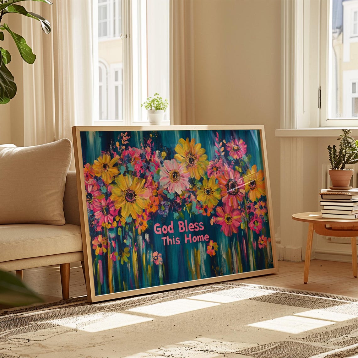 God Bless This Home Yellow Daisy Blue Drip Paint Floral Poster - Image 4