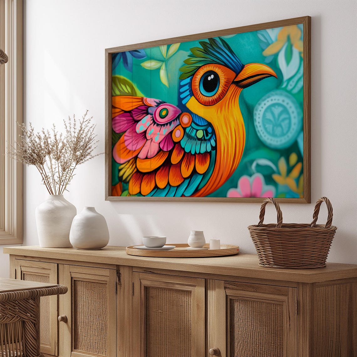 Ember Orange Bird Big Soulful Eye Patterned Wing Teal Garden Art Print