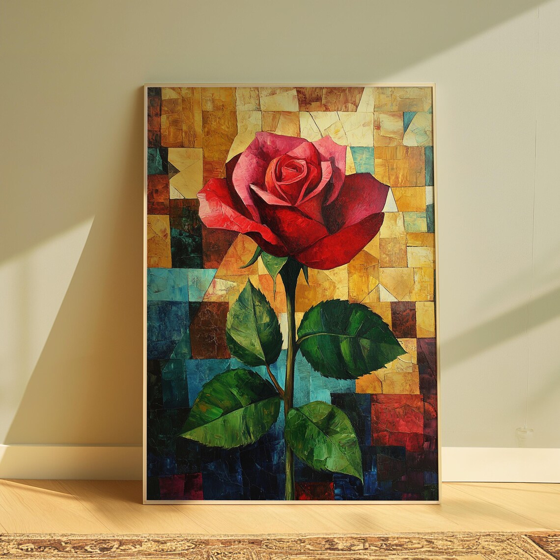 Red Rose Mosaic Tile Turquoise Gold Background Modern Floral Poster