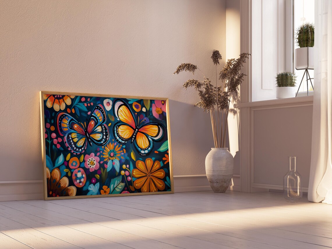 Mexican Folk Art Butterflies Orange Blue Teal Blooms Wall Art Print - Image 2