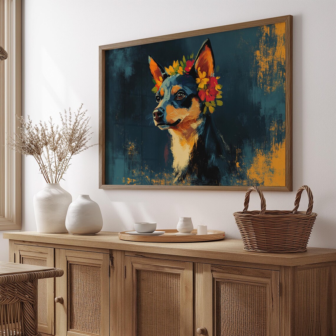 Small Dog Profile Flower Crown Dark Teal Gold Brushstroke Poster
