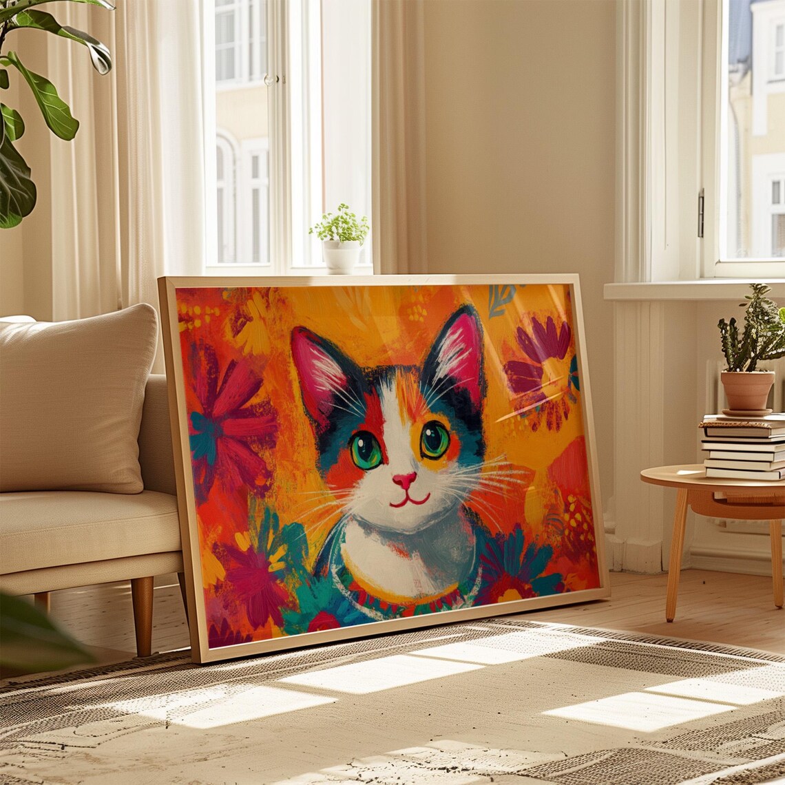 Calico Kitten Smiling Colorful Collar Floral Orange Background Cat Poster - Image 4